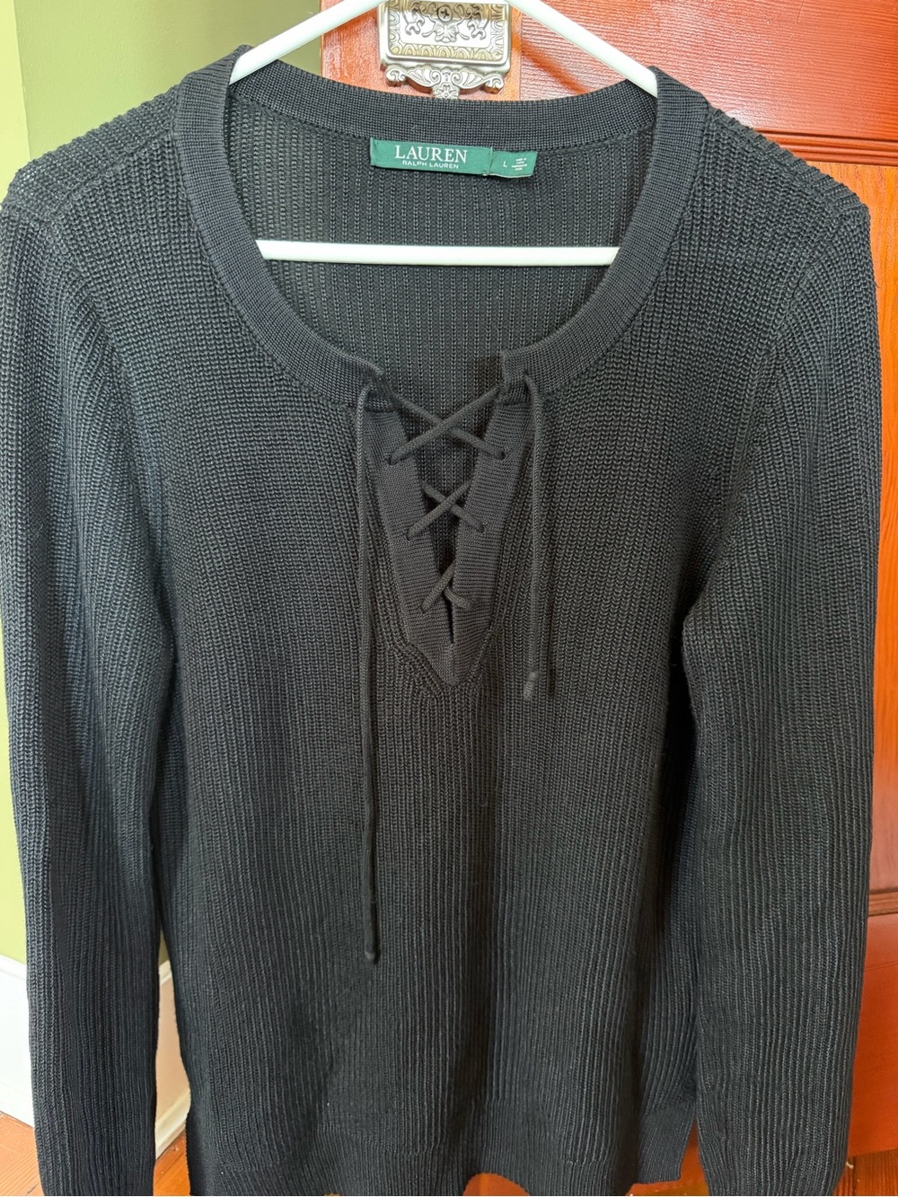 Ralph Lauren Black Lace-Up V-Neck Ribbed Knit Sweater